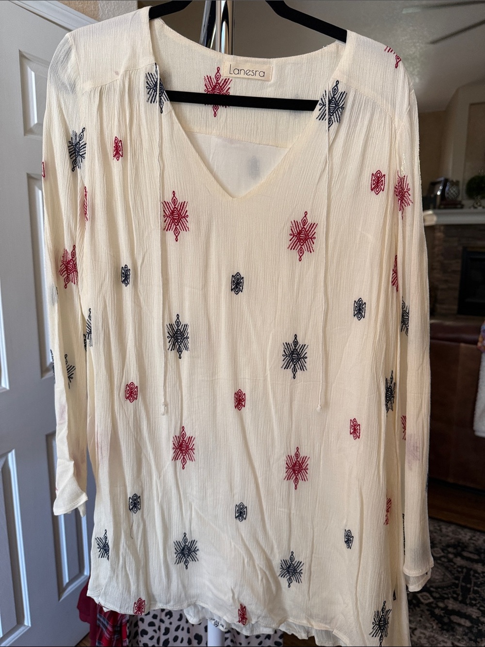 Cream Embroidered V-Neck Tunic with Red & Navy Motifs